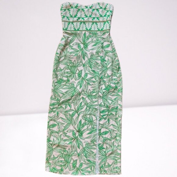 NEW Zara Linen Blend Strapless Midi Dress with Tropical Print, Size S - Picture 12 of 16
